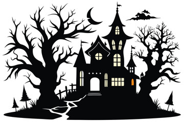 A black silhouette haunted house on a white background