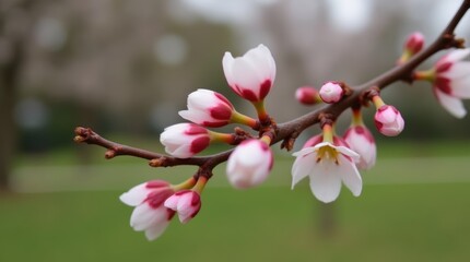 Obraz premium Close-up of pruned cherry blossom buds on a branch