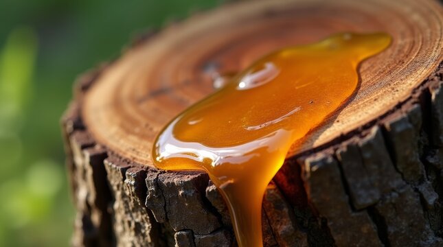 Close-up of amber-colored tree sap oozing from a fresh cut on the trunk, detailed bark texture in daylight.