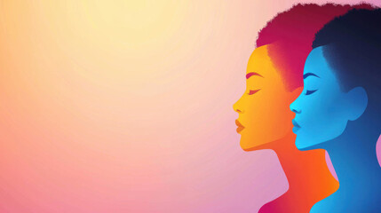 A vibrant, stylized illustration of two female profiles in contrasting colors against a soft gradient background, symbolizing diversity and empowerment.