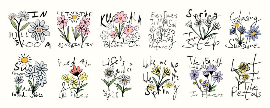 Spring flower vector set. Wildflowers quotes graphics for poster and print. Spring quotes t-shirt design bundle, Botanical hand-drawn illustration artwork, floral clothing design, Vintage flower set