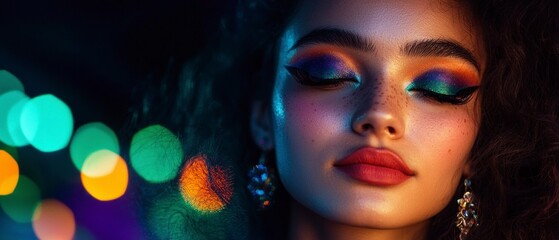 Naklejka premium Dramatic Makeup Colorful Eyeshadow Freckles Night Lights Closeup Portrait