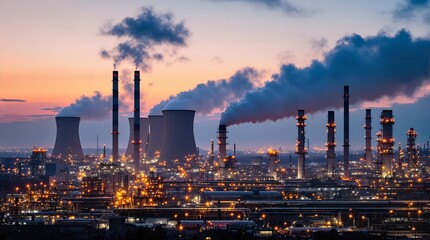Industrial Skyline: Smokestacks Releasing Emissions Against a Fiery Sunrise