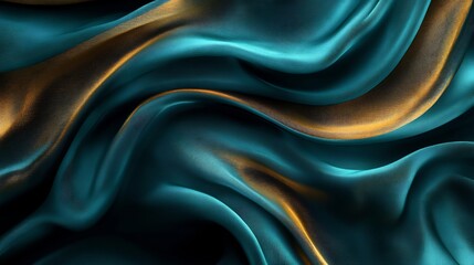 Obraz premium Teal and gold silk fabric flows elegantly soft light creates luxurious texture. AI Generated