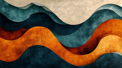 Abstract Waves Teal Orange Warm Light Painting. AI Generated