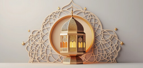 Elegant gold lantern with intricate patterns and star accents in a minimalist style
