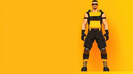 Soldier, tactical gear, yellow background, action pose, gaming
