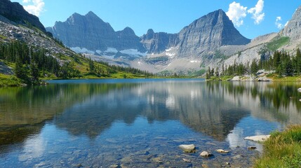 A Serene Lake Surrounded by Mountains, with Clear Water Reflecting the Landscape