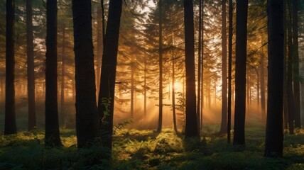 Naklejka premium Sunlight streaming through a dense forest of tall trees creating a magical scene