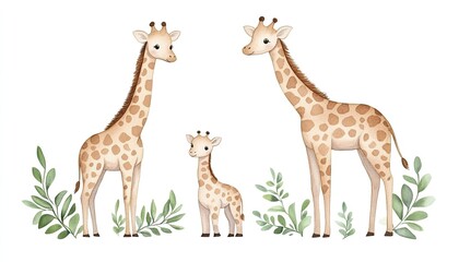 Naklejka premium Three adorable giraffes standing amidst green leaves in a whimsical, playful illustration