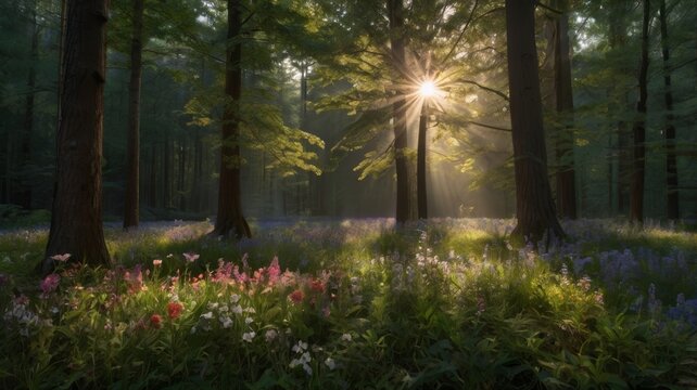 Sunlight filtering through a lush forest illuminates colorful wildflowers in a tranquil scene