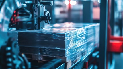 A pallet wrapping machine securing multiple layers of stretch film around stacked cartons