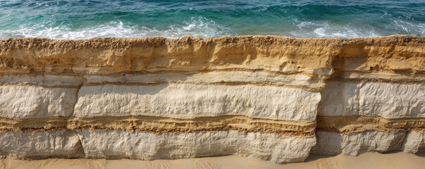 Layers of sand and ocean waves create dynamic coastal scene