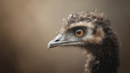 Fototapeta premium Emu Portrait: An emu's keen gaze and feathery texture are captured in a close-up portrait, showcasing the intricate details of its head and neck against a blurred background. 