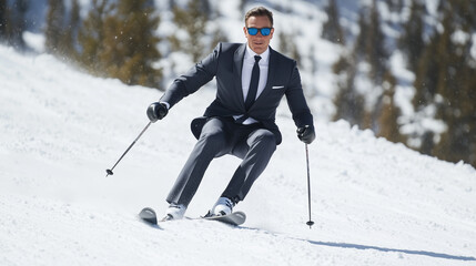 Skiing in Style:  A dapper gentleman in a tailored suit and sunglasses gracefully navigates a snowy slope on skis, defying expectations and showcasing an unconventional approach to winter sports.  