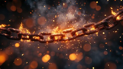 Obraz premium Burning rusty chain breaking, sparks fly, dark background. Concept Freedom