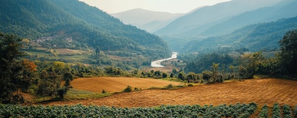 Scenic landscape of rolling hills serene river valley nature photography daylight panoramic view peaceful retreat