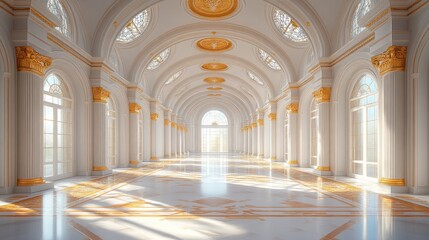 Fototapeta premium Sunlit Palace Hallway, Marble Floor, Garden View