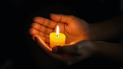 Candle in hand burning on the black background