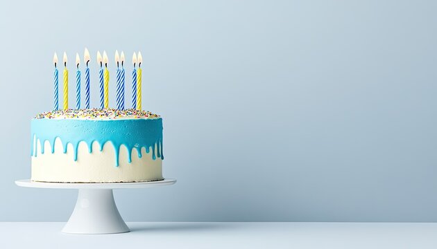 A beautifully decorated birthday cake with blue icing and colorful candles on a light background