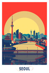 Seoul, South Korea city illustrated poster in retro style. Vintage travel booklet, postcard, print, cover with landmarks skyline