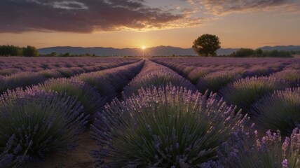 Lavender field at sunset with rows of purple flowers and mountains on horizon