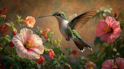 Fototapeta premium A vibrant hummingbird hovers near blooming flowers, showcasing nature's beauty and intricate details in a colorful, serene environment.