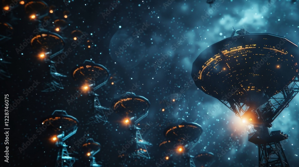 Aufkleber exploring the cosmos: satellite dish array scanning deep space in search for extraterrestrial signal