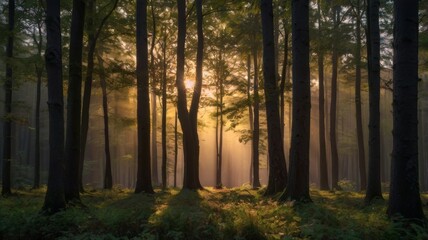 Fototapeta premium Sun rays pierce through the dense forest canopy creating an ethereal and magical ambiance