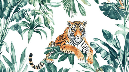 watercolor tropical tiger in foliage: an exotic animal art print featuring jungle flora and fauna design with banana and green leafy elements in subtropical illustration