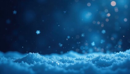 Obraz premium Sparkling snowflakes float in icy blue mist on dark winter background, particles, night sky