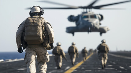 Military Helicopter Landing:  A lone soldier walks towards a descending military helicopter on a ship deck, other soldiers follow behind. The scene evokes a sense of duty and urgency.