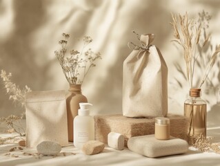 Natural beauty package display calm studio setting product photography minimalist aesthetic soft lighting eco-friendly concept