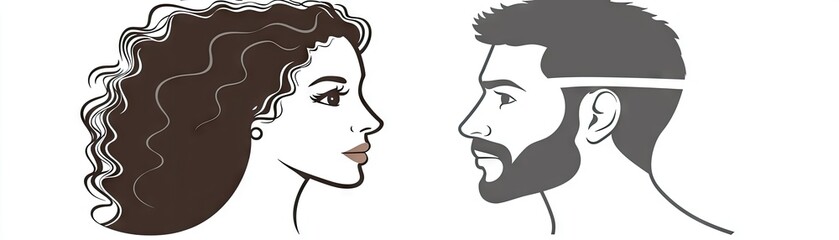 Couple's profile, facing each other, simple background, relationship illustration