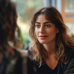 Obraz premium Two individuals engage in a meaningful conversation during a talk therapy session, emphasizing emotional connection and non-verbal communication in a soft, intimate setting