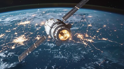 Space Station Module Orbiting Earth with Majestic Backdrop of Our Blue Planet in Deep Space Illustrating Technological Advancements and Cosmic Exploration.