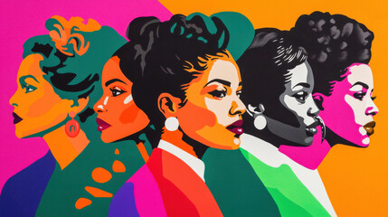 A vibrant, colorful illustration featuring multiple women in profile, showcasing diverse hairstyles and expressions against a bold, multicolored background.