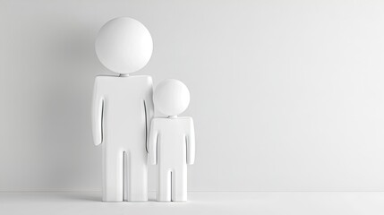 White figures, parent child, minimalist, studio backdrop, family concept