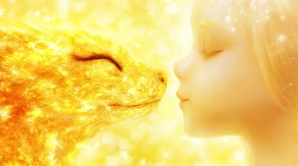 Fototapeta premium Golden Cat and Girl's Gentle Embrace of Light