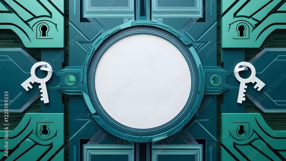 Poster teal circuit board with keys and empty circle template for text