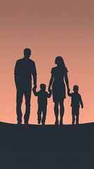 Fototapeta premium Family silhouette sunset walk together