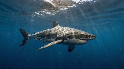 Fototapeta premium Great white shark swimming in the blue ocean with sun rays shining from above