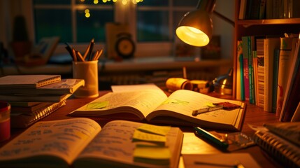 Cozy Study Nook with Highlighted Open Textbooks Providing a Welcoming Atmosphere for Learning