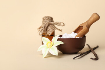 Composition with vanilla powder, extract and sticks on color background