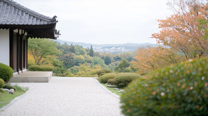 Zen Garden Pathway: A serene path leads to a traditional Japanese-style house, framed by lush foliage and breathtaking autumnal hues in the backdrop.