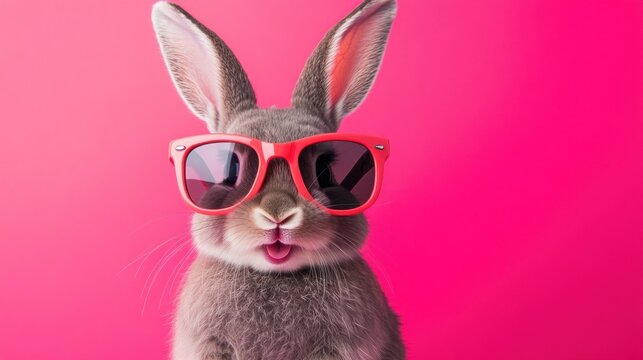 Cool bunny wearing sunglasses, pink background