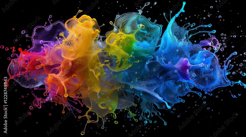 Poster fluid fusion: vibrant liquid droplets colliding in midair, creating an abstract colorful pattern tha