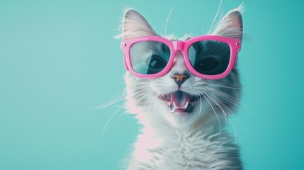 Cool cat in pink sunglasses, teal background.  Pet product ad