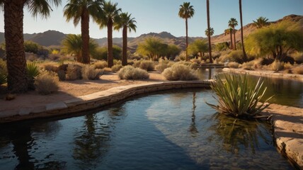 Desert Oasis Tranquil Waters Reflecting Palm Trees in a Natural Setting Landscape