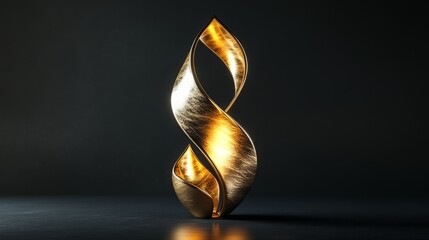 A winner's 3D gold trophy, its handles curved gracefully, glowing warmly on a black background